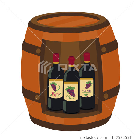 Illustration of wine bottles arranged in a wine barrel interior 137523551