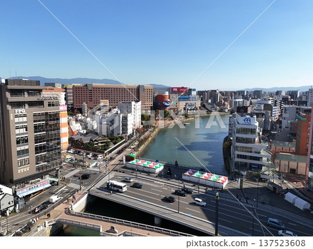 Aerial view of the cityscape of Fukuoka city with a drone Aerial view of the cityscape of Fukuoka city with a drone 137523608
