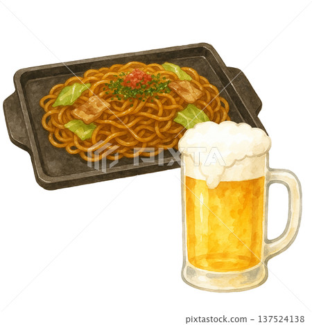 炒麵和啤酒水彩插畫。美食攤位和生啤酒素材。 137524138