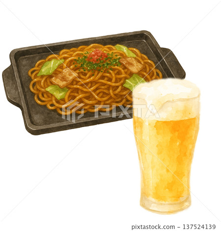 炒麵和啤酒水彩插畫。美食攤位和生啤酒素材。 137524139