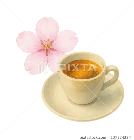 水彩插畫，描繪了咖啡杯和櫻花，展現了春日咖啡館的氛圍。 137524224