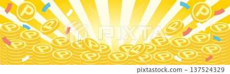 飄落的金幣和五彩紙屑邊框、橫幅、背景插畫素材。硬幣、儲蓄、利潤、積分圖像 137524329