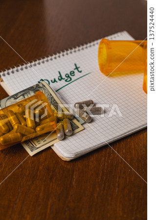 Managing budget with money and medicine on a wooden table 137524440