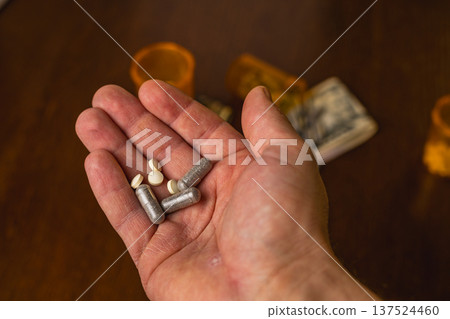 Hand holding different pills and capsules on a wooden table with glasses Hand holding different pills and capsules on a wooden table with glasses 137524460