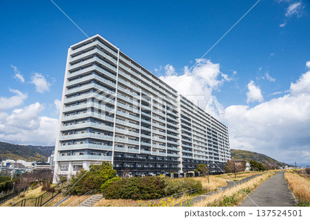 大阪府高槻市淀川右岸堤防上的公寓大樓 大阪府高槻市淀川右岸堤防上的公寓大樓 137524501