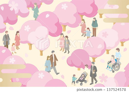 Illustration of diverse people enjoying cherry blossoms in full bloom. Cherry blossom viewing, spring outing, park, isometric Illustration of diverse people enjoying cherry blossoms in full bloom. Cherry blossom viewing, spring outing, park, isometric 137524578