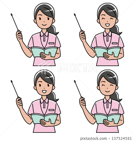 A color illustration of a foreign woman in a polo shirt explaining something with a pointer. 137524581