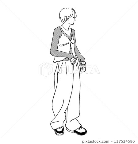 Woman holding a drink, casual fashion monochrome line drawing illustration Woman holding a drink, casual fashion monochrome line drawing illustration 137524590