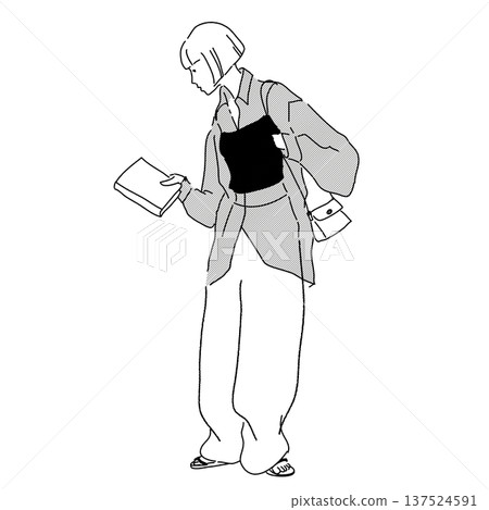 A woman holding a book choosing a book in a bookstore. Monochrome line drawing fashion illustration A woman holding a book choosing a book in a bookstore. Monochrome line drawing fashion illustration 137524591