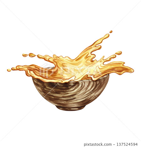 Splashes of yellow liquid, oil, juice, tea, etc. in a wooden bowl. Hand-drawn watercolor illustration. Perfect for creating labels, advertisements, packaging, banners, posters, and more. Splashes of yellow liquid, oil, juice, tea, etc. in a wooden bowl. Hand-drawn watercolor illustration. Perfect for creating labels, advertisements, packaging, banners, posters, and more. 137524594