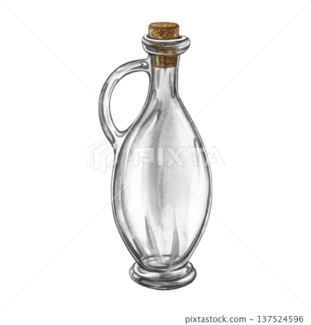 An empty glass transparent oil bottle with a cork. Hand-drawn watercolor illustration. Design element for menus, recipes, and cookbooks. For banners, flyers, packaging, labels, and more. An empty glass transparent oil bottle with a cork. Hand-drawn watercolor illustration. Design element for menus, recipes, and cookbooks. For banners, flyers, packaging, labels, and more. 137524596