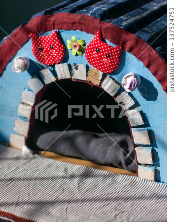 Handmade Colorful Cat House with Decorative Details and Toys Handmade Colorful Cat House with Decorative Details and Toys 137524751