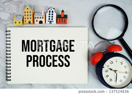 Mortgage Process text written on notepad with house model, magnifying glass and alarm clock on marble background 137524836