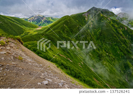 從北阿爾卑斯山脈的尤里山山脊上可以眺望到雙六小屋、紅澤岳和鷲羽岳。 137526241
