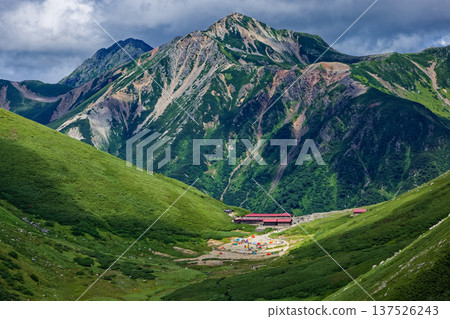 從湯守嶽山脊眺望雙六小屋，以及鷲羽岳和水翔岳升起的雲霧。 137526243
