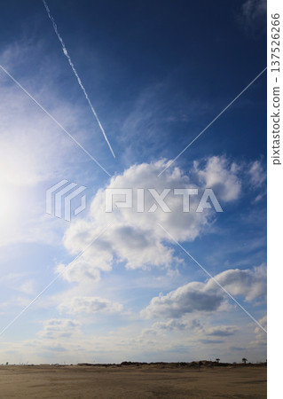 在海灘上，藍天中飄著飛機尾跡的景色 137526266