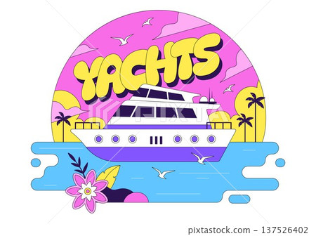 Luxury Yacht Tropical Sunset Seascape Vector Illustration With Ocean Waves, Palm Trees, Summer Vacation Beach Scene, Colorful Marine Travel Design Luxury Yacht Tropical Sunset Seascape Vector Illustration With Ocean Waves, Palm Trees, Summer Vacation Beach Scene, Colorful Marine Travel Design 137526402