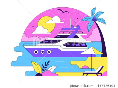 Luxury Yacht Tropical Sunset Seascape Vector Illustration With Ocean Waves, Palm Trees, Summer Vacation Beach Scene, Colorful Marine Travel Design Luxury Yacht Tropical Sunset Seascape Vector Illustration With Ocean Waves, Palm Trees, Summer Vacation Beach Scene, Colorful Marine Travel Design 137526403
