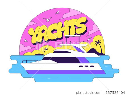 Luxury Yacht Tropical Sunset Seascape Vector Illustration With Ocean Waves, Palm Trees, Summer Vacation Beach Scene, Colorful Marine Travel Design Luxury Yacht Tropical Sunset Seascape Vector Illustration With Ocean Waves, Palm Trees, Summer Vacation Beach Scene, Colorful Marine Travel Design 137526404