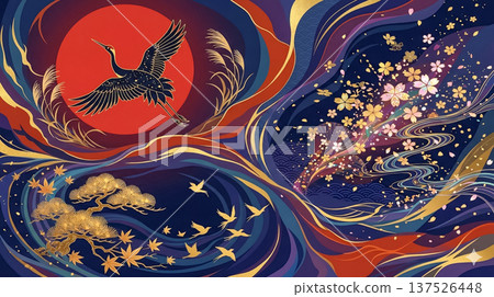 迷幻風格的花朵、鳥類、風和月亮的圖像 137526448