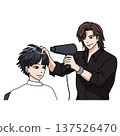 A hair salon treatment scene in which a hairdresser dries a male customer's hair with a hairdryer 137526470