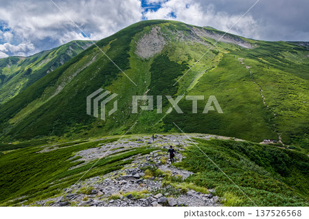 Climbers walking along the ridgeline of Mt. Mozawa in the Northern Alps and Mt. Sugoroku Climbers walking along the ridgeline of Mt. Mozawa in the Northern Alps and Mt. Sugoroku 137526568