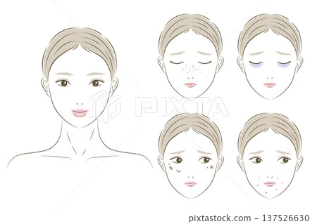 女性皮膚問題及困擾插圖集,包括斑點、雀斑、痤瘡、黑眼圈、毛孔粗大等。 女性皮膚問題及困擾插圖集,包括斑點、雀斑、痤瘡、黑眼圈、毛孔粗大等。 137526630