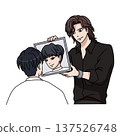 Hair salon treatment scene of a male customer with a hairdresser checking his hairstyle in the mirror 137526748