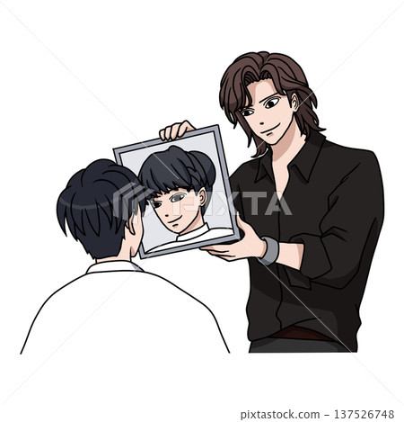 Hair salon treatment scene of a male customer with a hairdresser checking his hairstyle in the mirror Hair salon treatment scene of a male customer with a hairdresser checking his hairstyle in the mirror 137526748