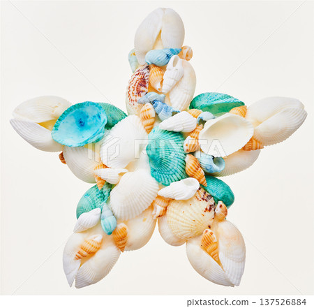 Star-shaped and starfish-shaped objects made from various cut-out real seashells on a white background Star-shaped and starfish-shaped objects made from various cut-out real seashells on a white background 137526884