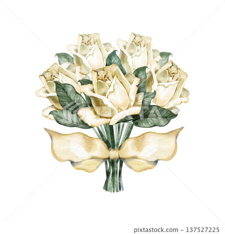 Elegant watercolor wedding bouquet featuring creamy white roses and deep green foliage tied with a luxurious golden silk ribbon bow. A hand-painted botanical illustration ideal for romantic bridal Elegant watercolor wedding bouquet featuring creamy white roses and deep green foliage tied with a luxurious golden silk ribbon bow. A hand-painted botanical illustration ideal for romantic bridal 137527225