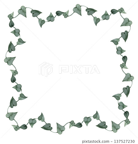 A delicate watercolor square frame composed of a winding green vine with heart-shaped leaves. This minimalist botanical border is ideal for eco-friendly branding, romantic stationery, and clean garden 137527230