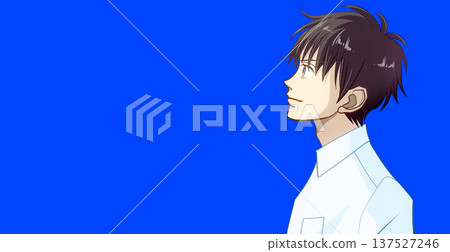An anime-style illustration of a male student or working adult in a dress shirt looking up, facing left, with space on the left 137527246