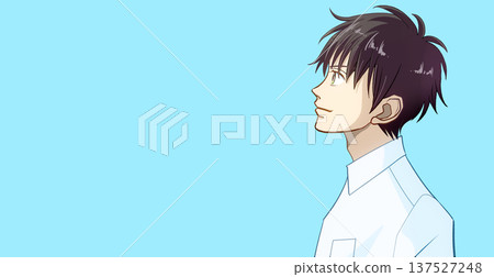 一幅動漫風格的插圖，描繪了一位身穿襯衫的男性學生或上班族，他抬頭看向左側，左側留有空白。 137527248