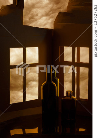 A surreal still life with glass bottles opposite windows 137527262