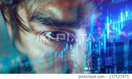 金融數據與城市交會處的眼睛象徵數位經濟和金融科技分析。 金融數據與城市交會處的眼睛象徵數位經濟和金融科技分析。 137527475