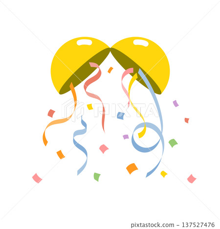 一幅慶祝插圖，描繪了五彩紙屑和彩帶從一個破裂的氣球中飄落的情景。 137527476