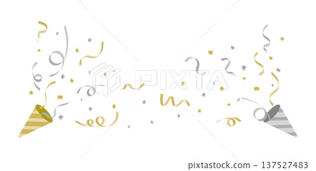 一幅慶祝插圖，描繪了彩帶和五彩紙屑從金銀色的爆竹中飛出。 137527483