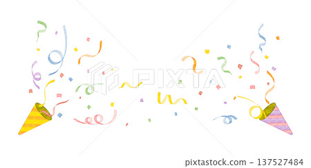 水彩風格的慶祝插圖，彩帶和五彩紙屑從兩側的鞭炮中飛出 137527484