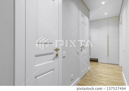 Bright Minimalist Apartment Hallway with White Doors and Oak Floors Bright Minimalist Apartment Hallway with White Doors and Oak Floors 137527494