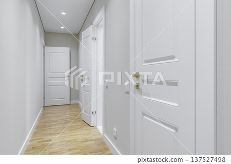 Bright Minimalist Apartment Hallway with White Classic Style Doors 137527498