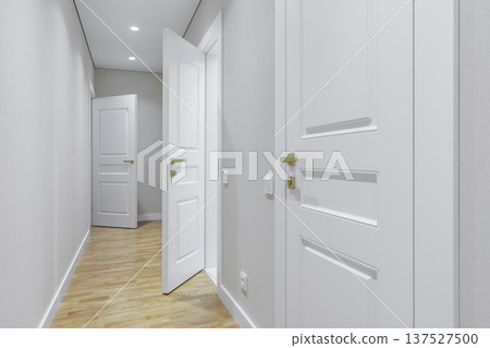 Interior of Bright Modern Corridor with White Paneled Doors Interior of Bright Modern Corridor with White Paneled Doors 137527500