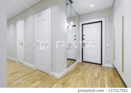 Bright Modern Hallway with Minimalist White Doors and Large Mirror 137527502