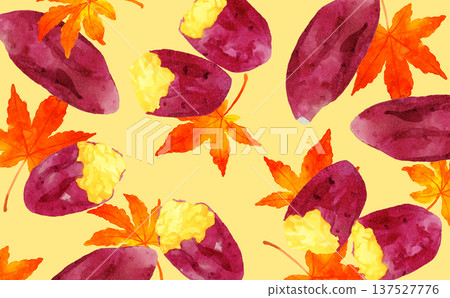 手繪水彩插畫背景素材，描繪了烤地瓜和秋葉。 137527776