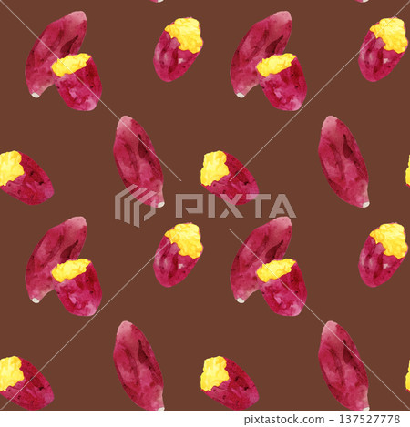 烤地瓜無縫圖案。手繪水彩插畫背景素材。 烤地瓜無縫圖案。手繪水彩插畫背景素材。 137527778