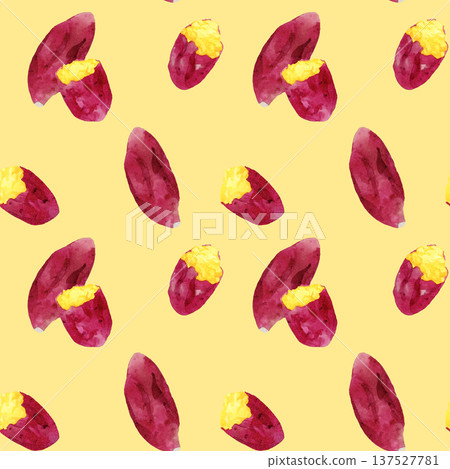 烤地瓜無縫圖案。手繪水彩插畫背景素材。 137527781