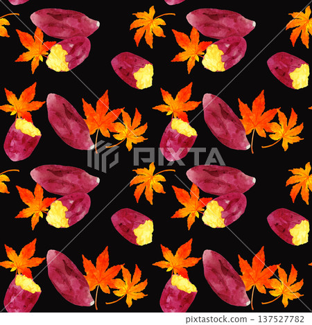 烤地瓜和秋葉的無縫圖案。手繪水彩插畫背景素材。 137527782