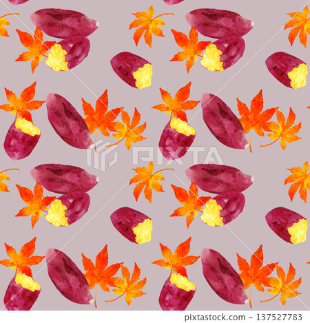 Seamless pattern of roasted sweet potatoes and autumn leaves. Hand-drawn watercolor illustration background material. Seamless pattern of roasted sweet potatoes and autumn leaves. Hand-drawn watercolor illustration background material. 137527783