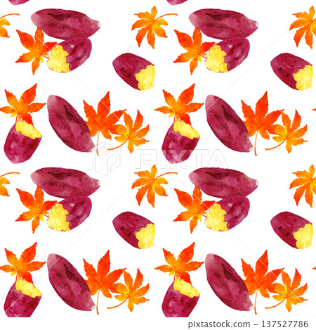 Seamless pattern of roasted sweet potatoes and autumn leaves. Hand-drawn watercolor illustration background material. Seamless pattern of roasted sweet potatoes and autumn leaves. Hand-drawn watercolor illustration background material. 137527786