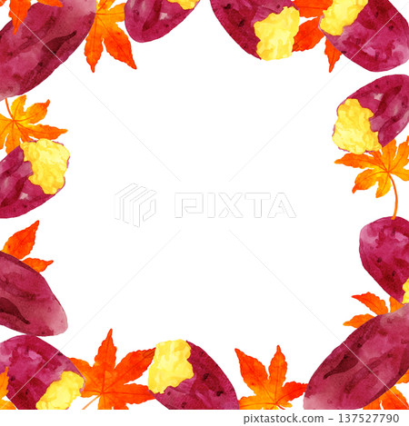 烤地瓜和秋葉構成手繪水彩插畫背景素材 137527790